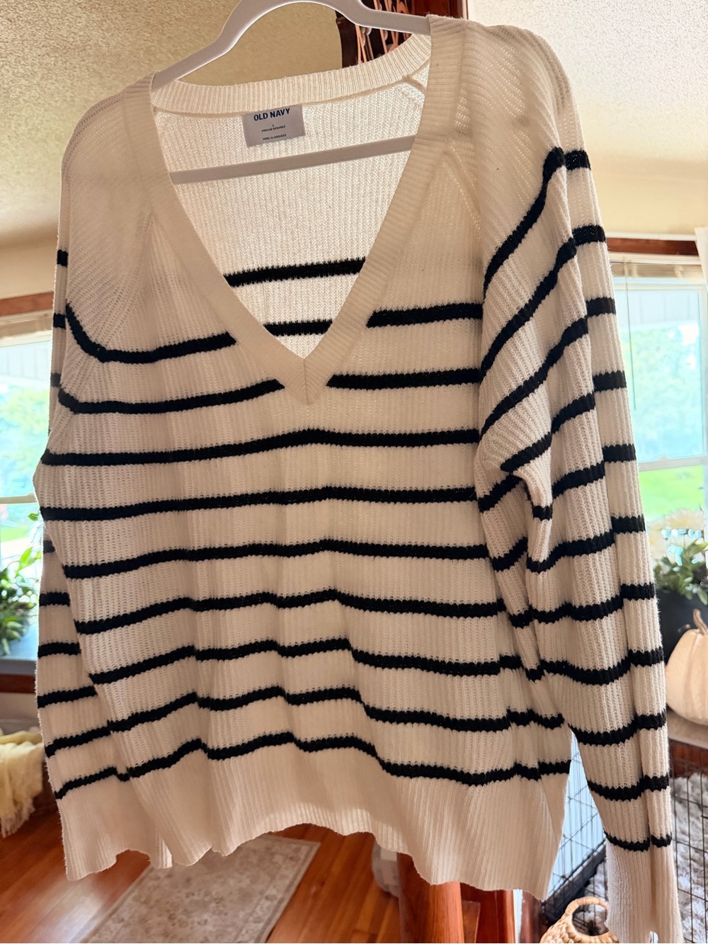 Old Navy Cream and Black Striped V-Neck Pullover Sweater